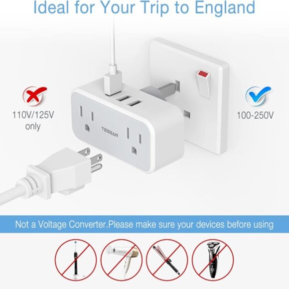 TESSAN US to UK Plug Adapter, Type G Power Adapter with 2 Outlet 3 USB Charger - Picture 9 of 9